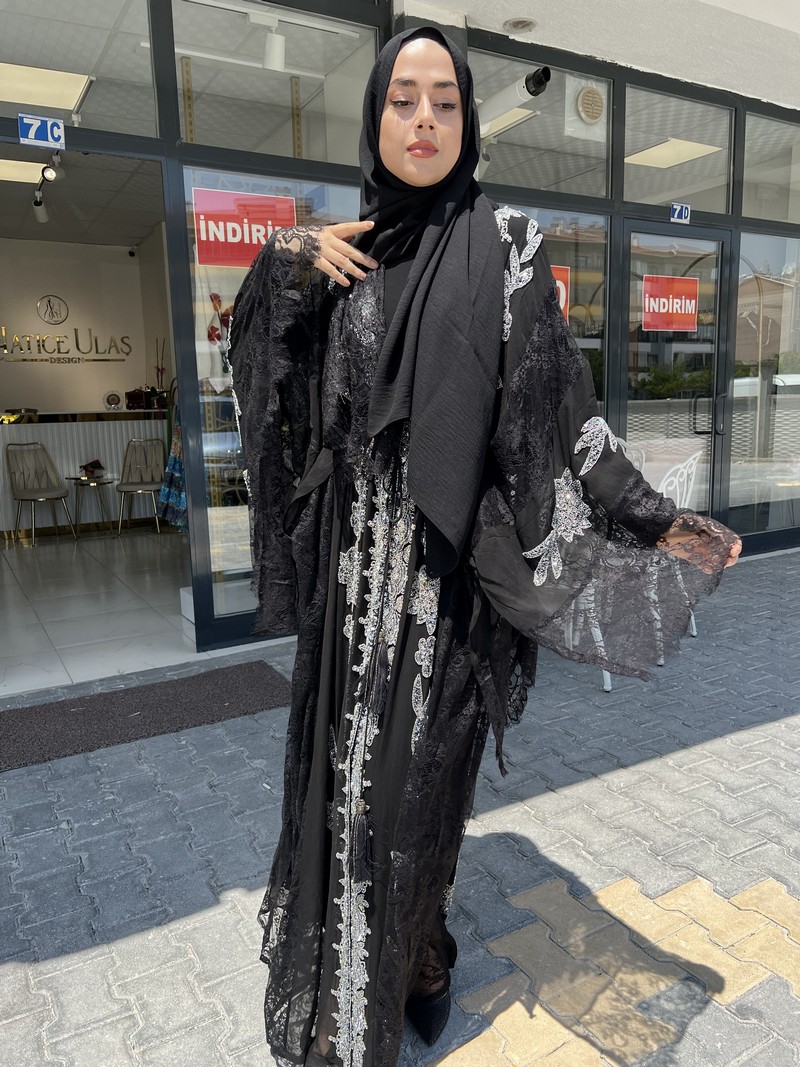 Made In Italy Siyah Luxury Taşlı Abaya 1132