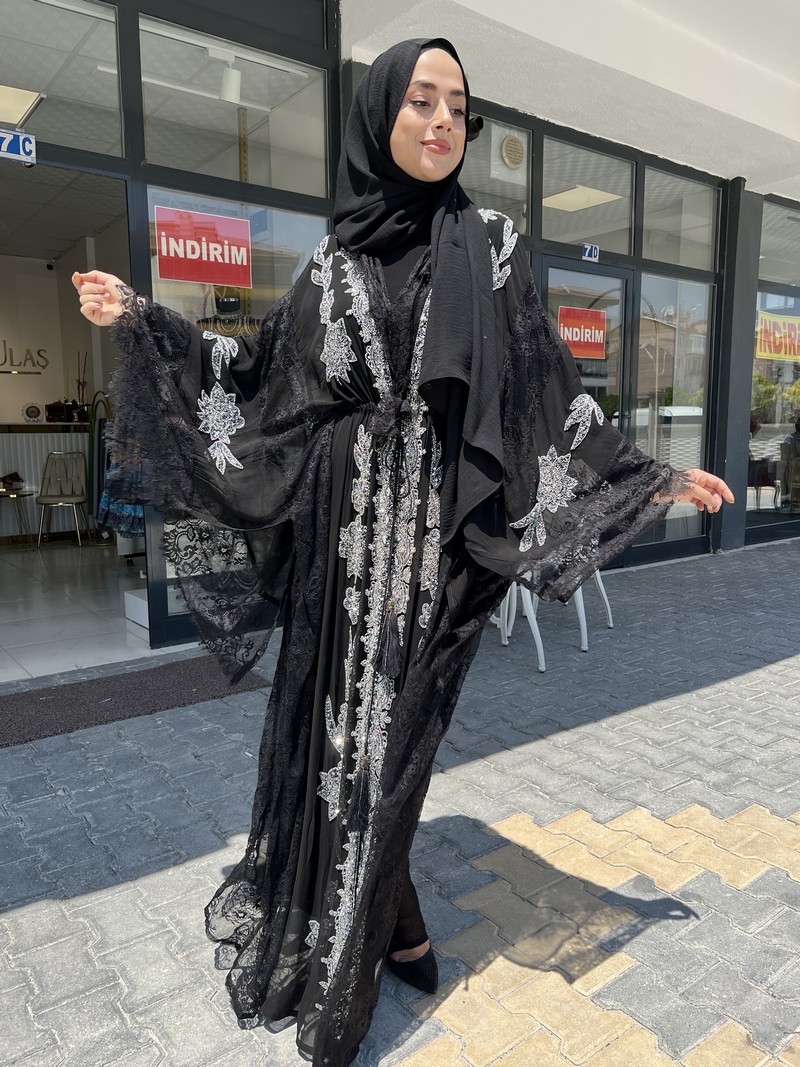 Made In Italy Siyah Luxury Taşlı Abaya 1132