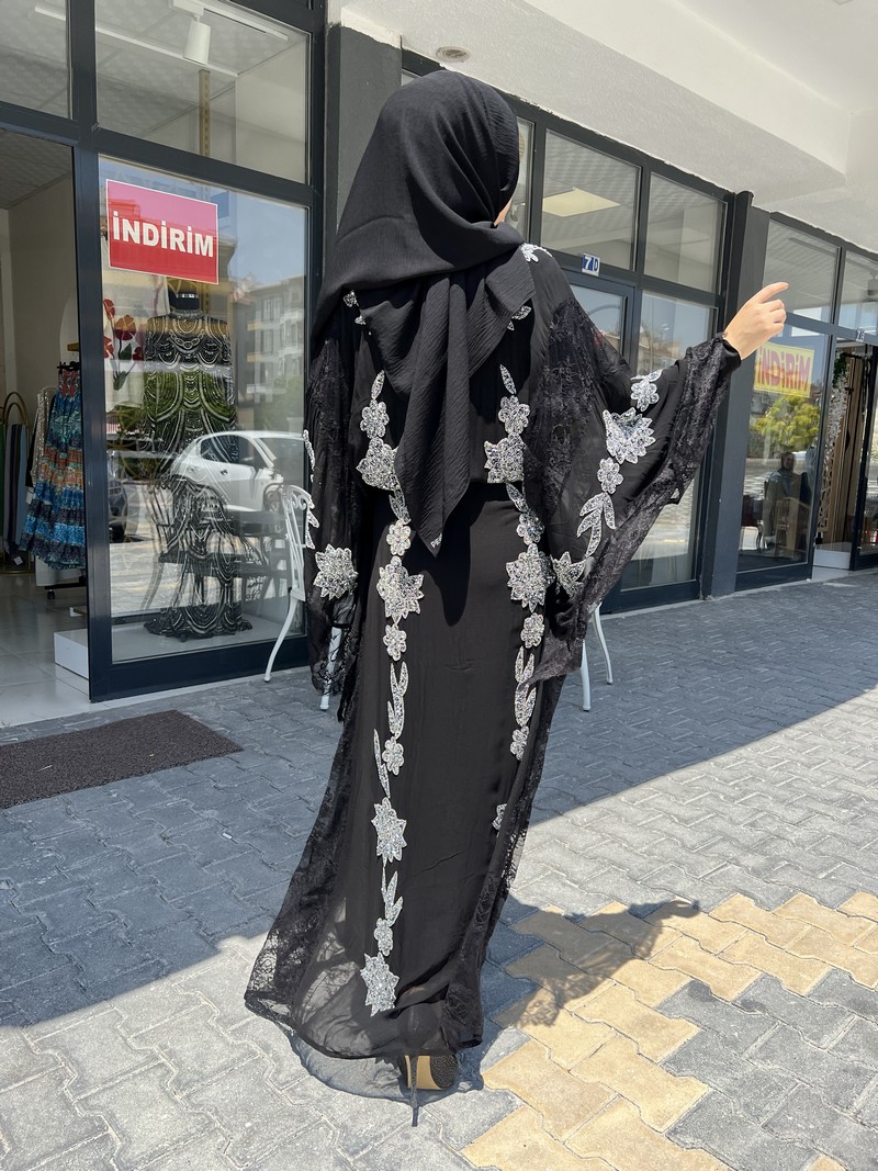 Made In Italy Siyah Luxury Taşlı Abaya 1132