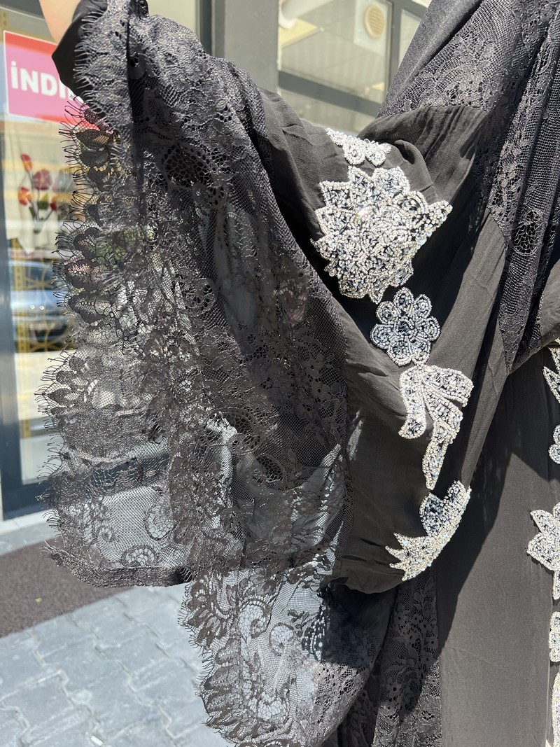 Made In Italy Siyah Luxury Taşlı Abaya 1132