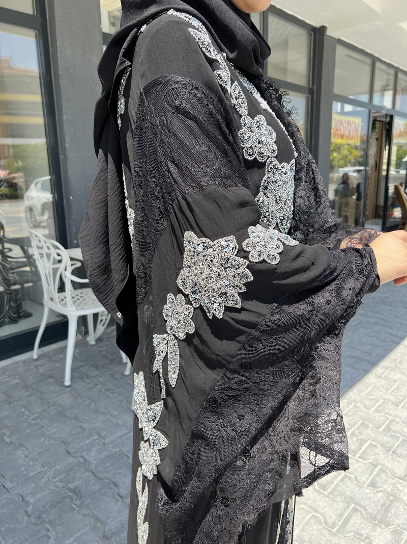 Made In Italy Siyah Luxury Taşlı Abaya 1132