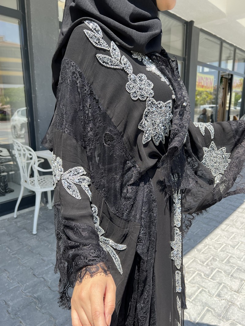 Made In Italy Siyah Luxury Taşlı Abaya 1132