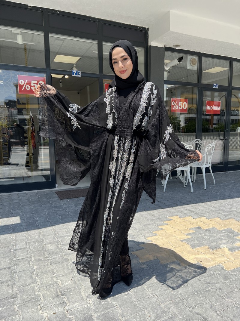 Made In Italy Siyah Luxury Taşlı Abaya 1132