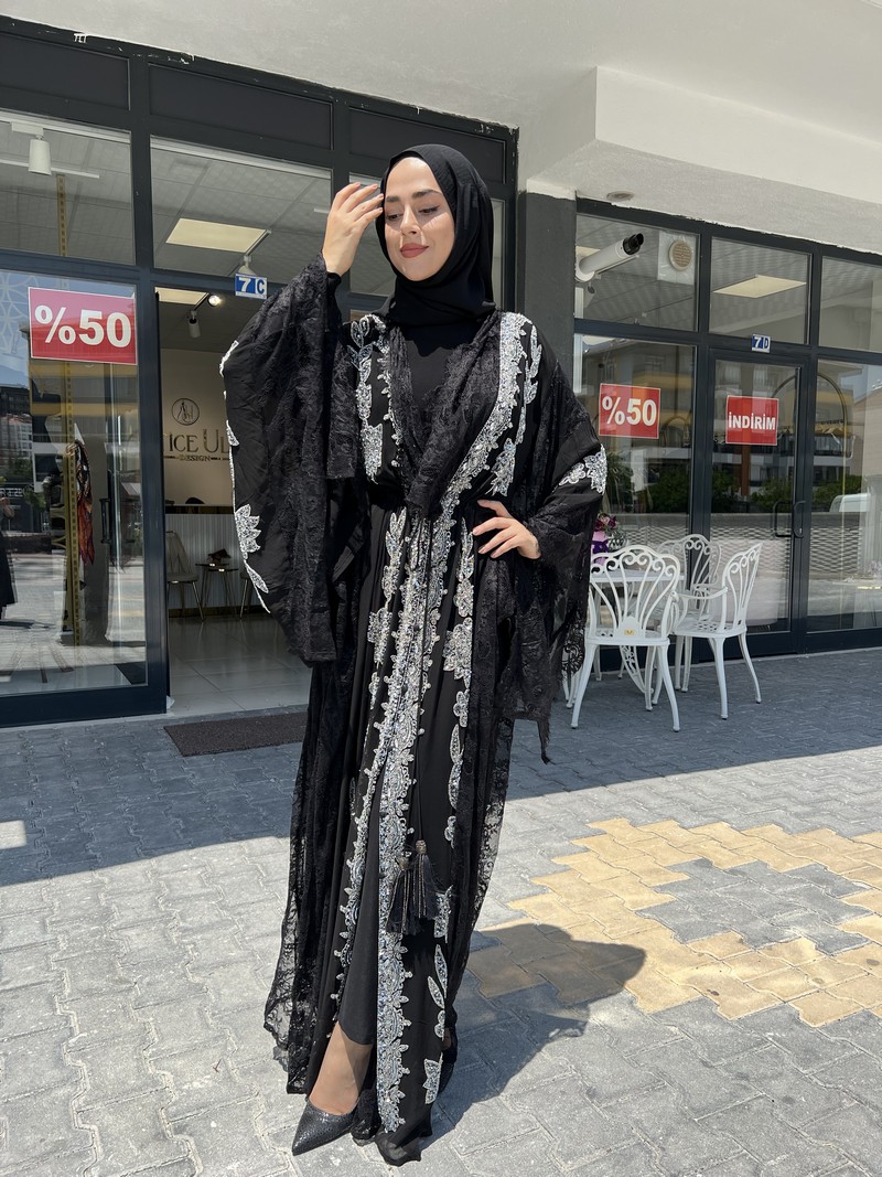 Made In Italy Siyah Luxury Taşlı Abaya 1132