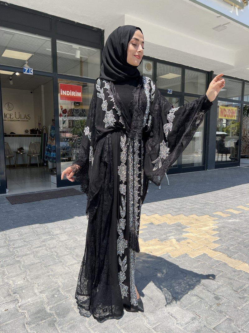 Made In Italy Siyah Luxury Taşlı Abaya 1132