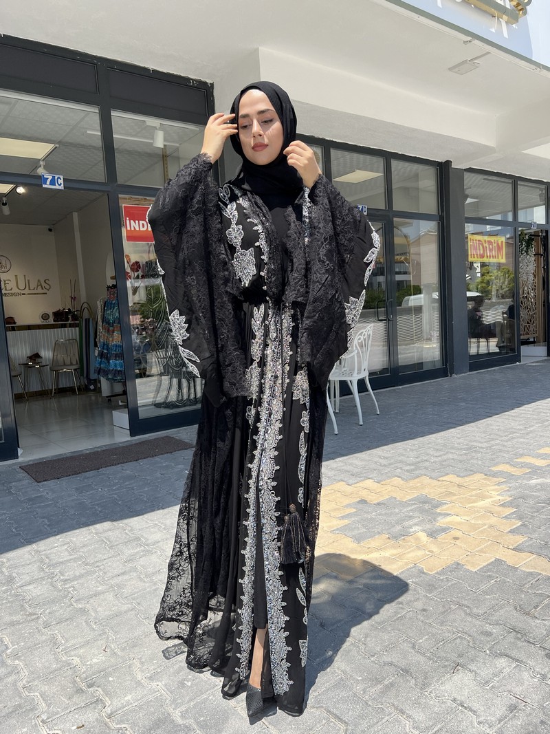 Made In Italy Siyah Luxury Taşlı Abaya 1132