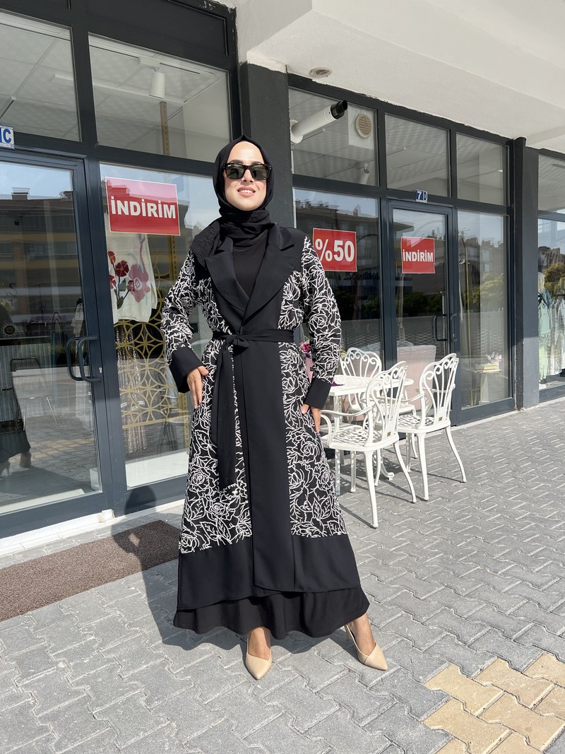 Etrucci Siyah  Sim Detaylı Çeket Yaka Abaya 6102