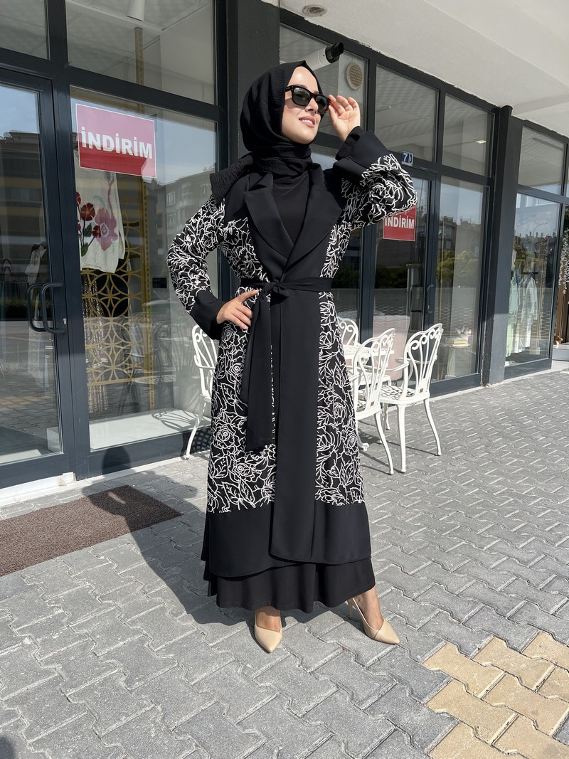 Etrucci Siyah  Sim Detaylı Çeket Yaka Abaya 6102