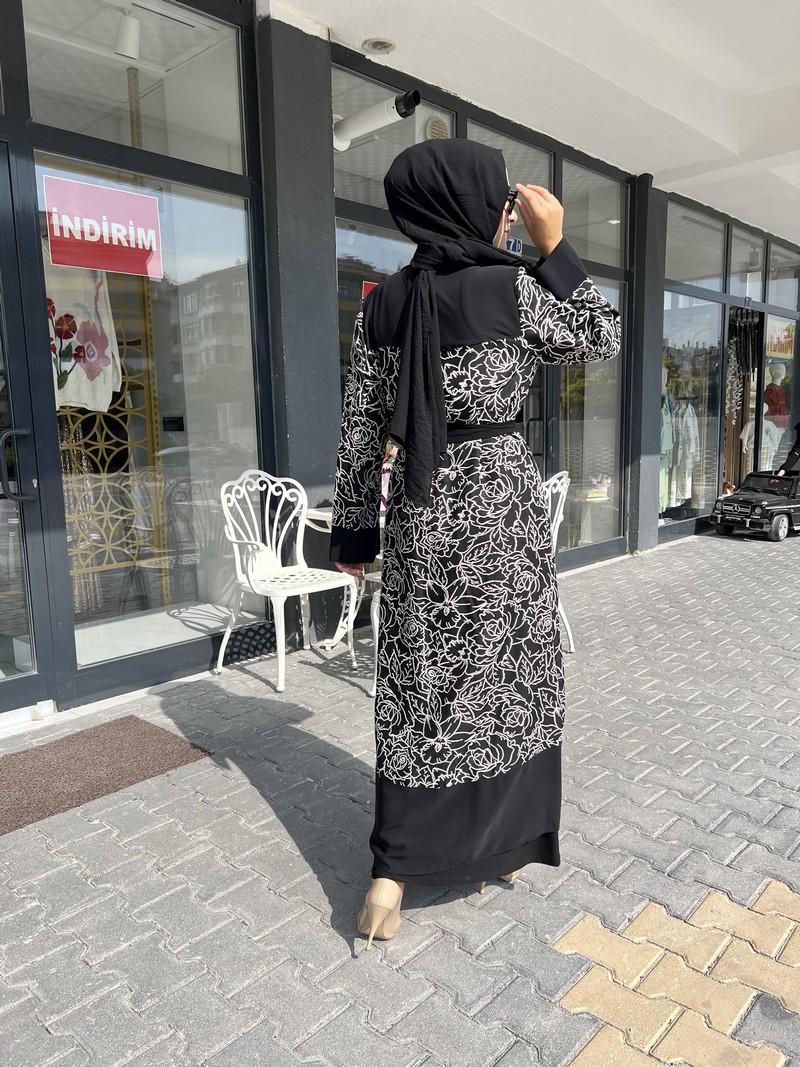 Etrucci Siyah  Sim Detaylı Çeket Yaka Abaya 6102