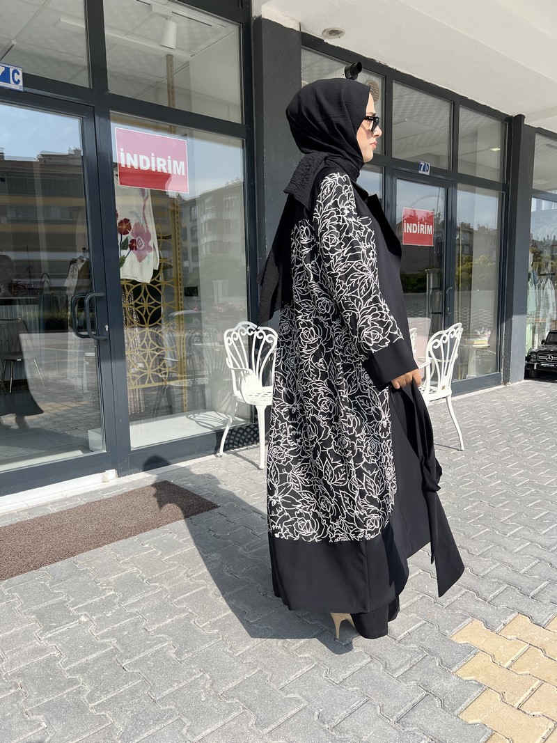 Etrucci Siyah  Sim Detaylı Çeket Yaka Abaya 6102