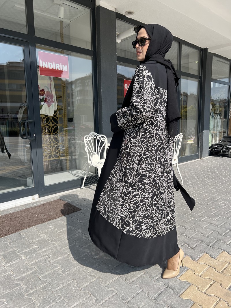 Etrucci Siyah  Sim Detaylı Çeket Yaka Abaya 6102