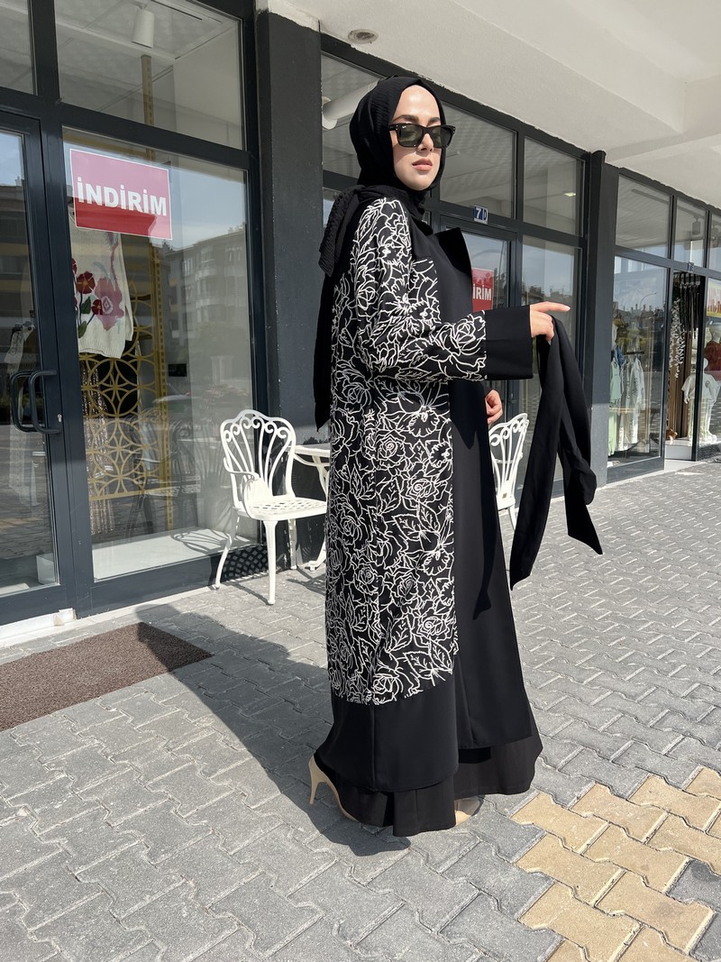 Etrucci Siyah  Sim Detaylı Çeket Yaka Abaya 6102