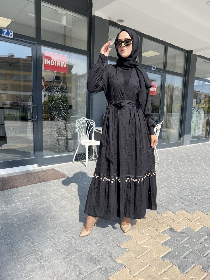 Etrucci Siyah Deniz Kabuğu Detaylı Kimono Abaya 6147