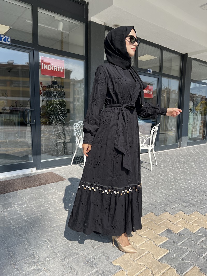 Etrucci Siyah Deniz Kabuğu Detaylı Kimono Abaya 6147