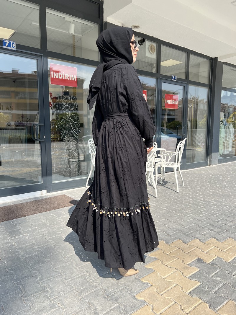 Etrucci Siyah Deniz Kabuğu Detaylı Kimono Abaya 6147