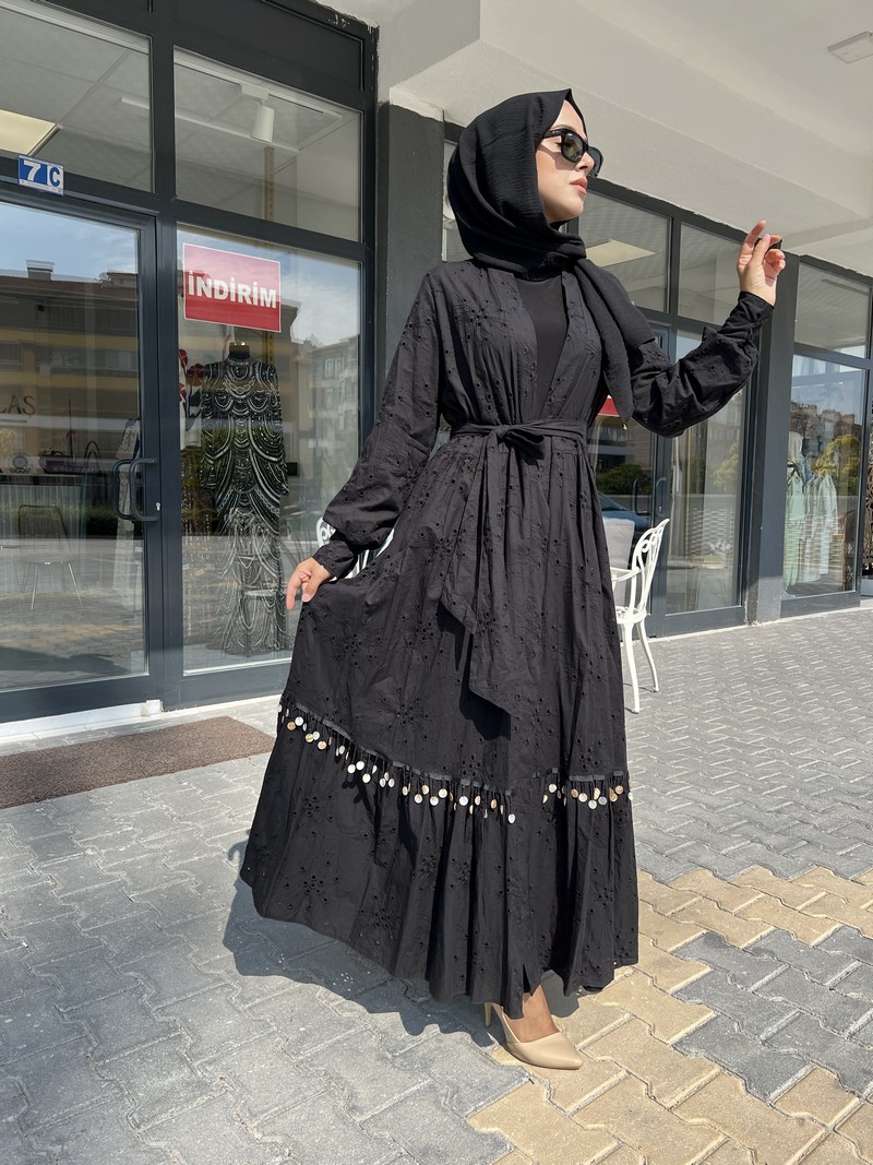 Etrucci Siyah Deniz Kabuğu Detaylı Kimono Abaya 6147