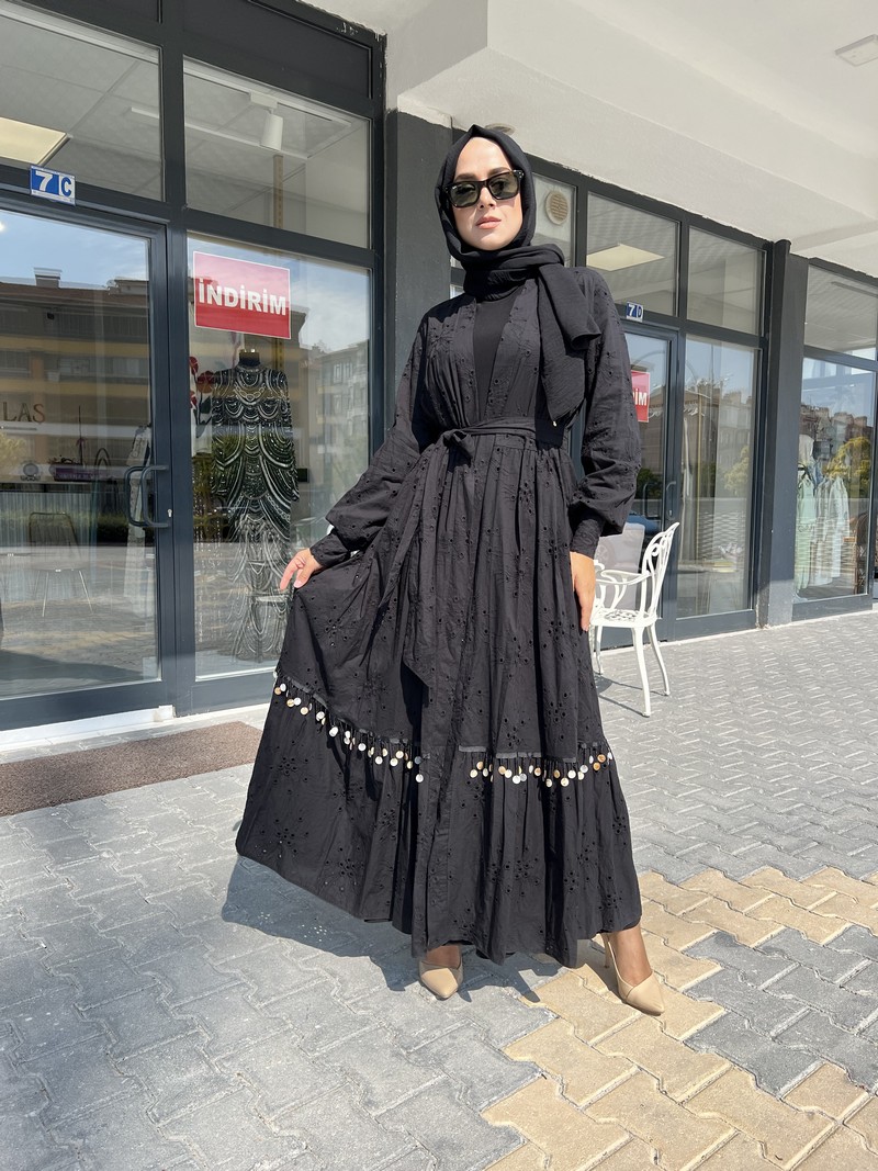 Etrucci Siyah Deniz Kabuğu Detaylı Kimono Abaya 6147