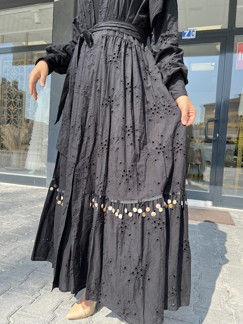 Etrucci Siyah Deniz Kabuğu Detaylı Kimono Abaya 6147