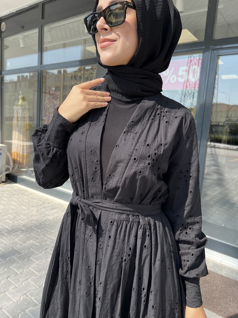 Etrucci Siyah Deniz Kabuğu Detaylı Kimono Abaya 6147