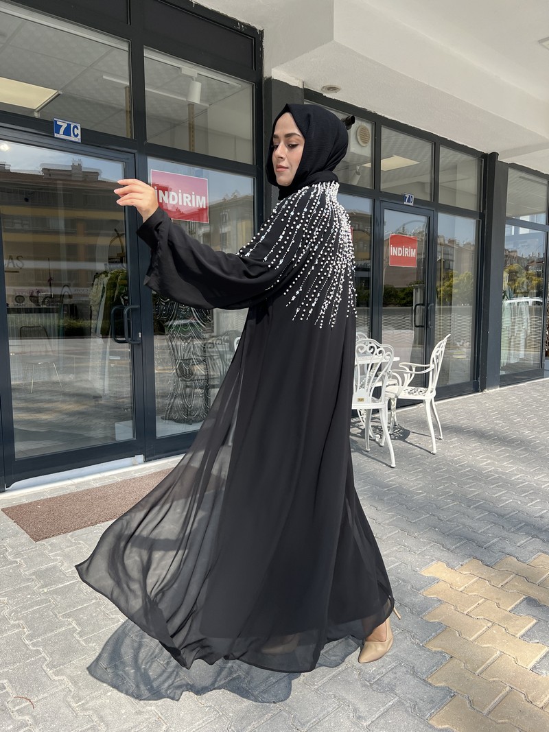 ETRUCCI Siyah Reglan Kol İnci Çakım Tül Abaya 6140