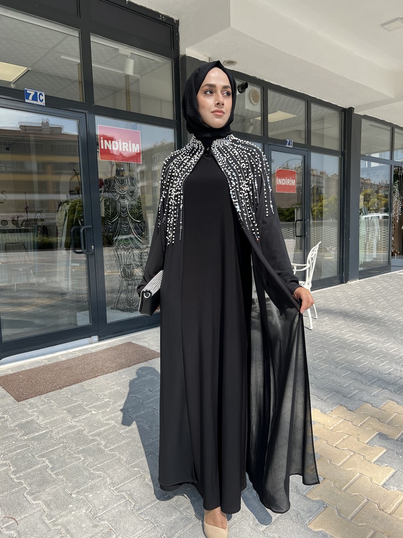 ETRUCCI Siyah Reglan Kol İnci Çakım Tül Abaya 6140