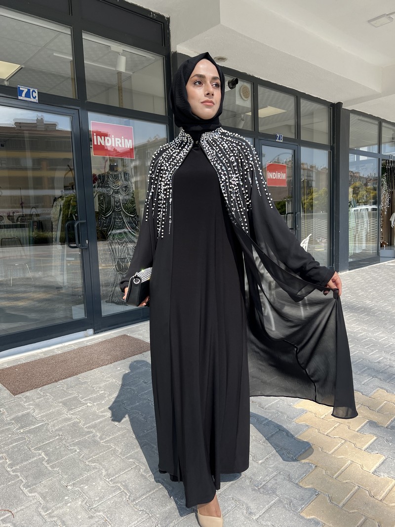 ETRUCCI Siyah Reglan Kol İnci Çakım Tül Abaya 6140