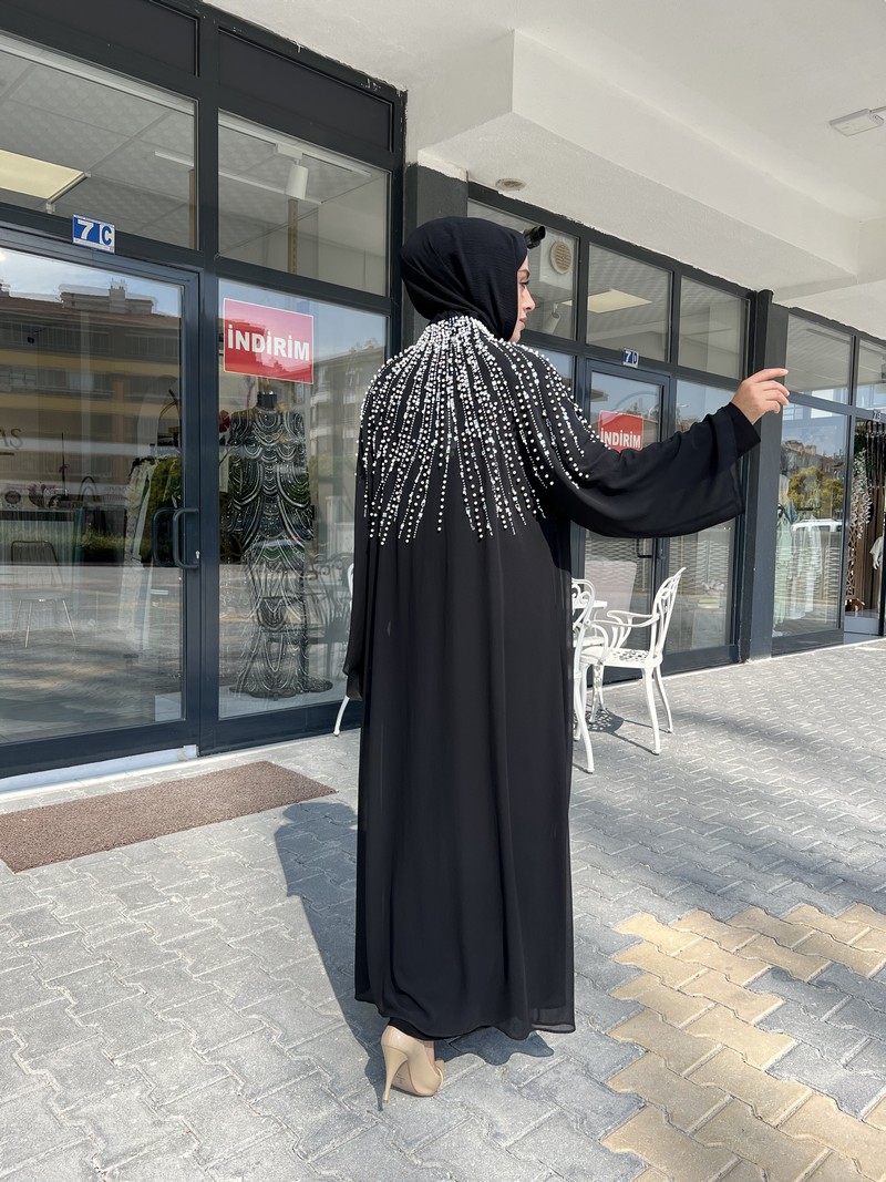 ETRUCCI Siyah Reglan Kol İnci Çakım Tül Abaya 6140