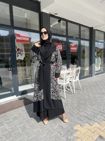 Etrucci Siyah  Sim Detaylı Çeket Yaka Abaya 6102