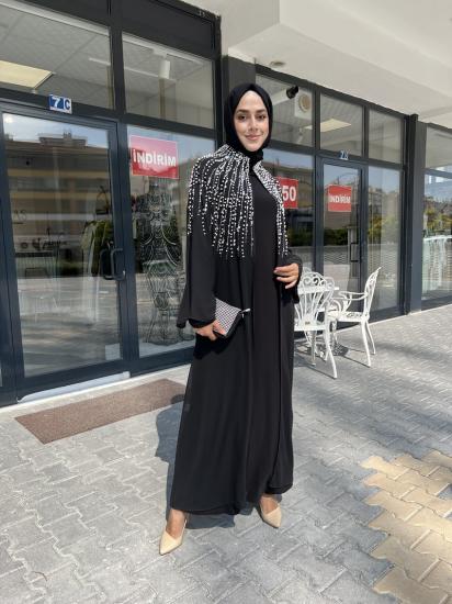 ETRUCCI Siyah Reglan Kol İnci Çakım Tül Abaya 6140